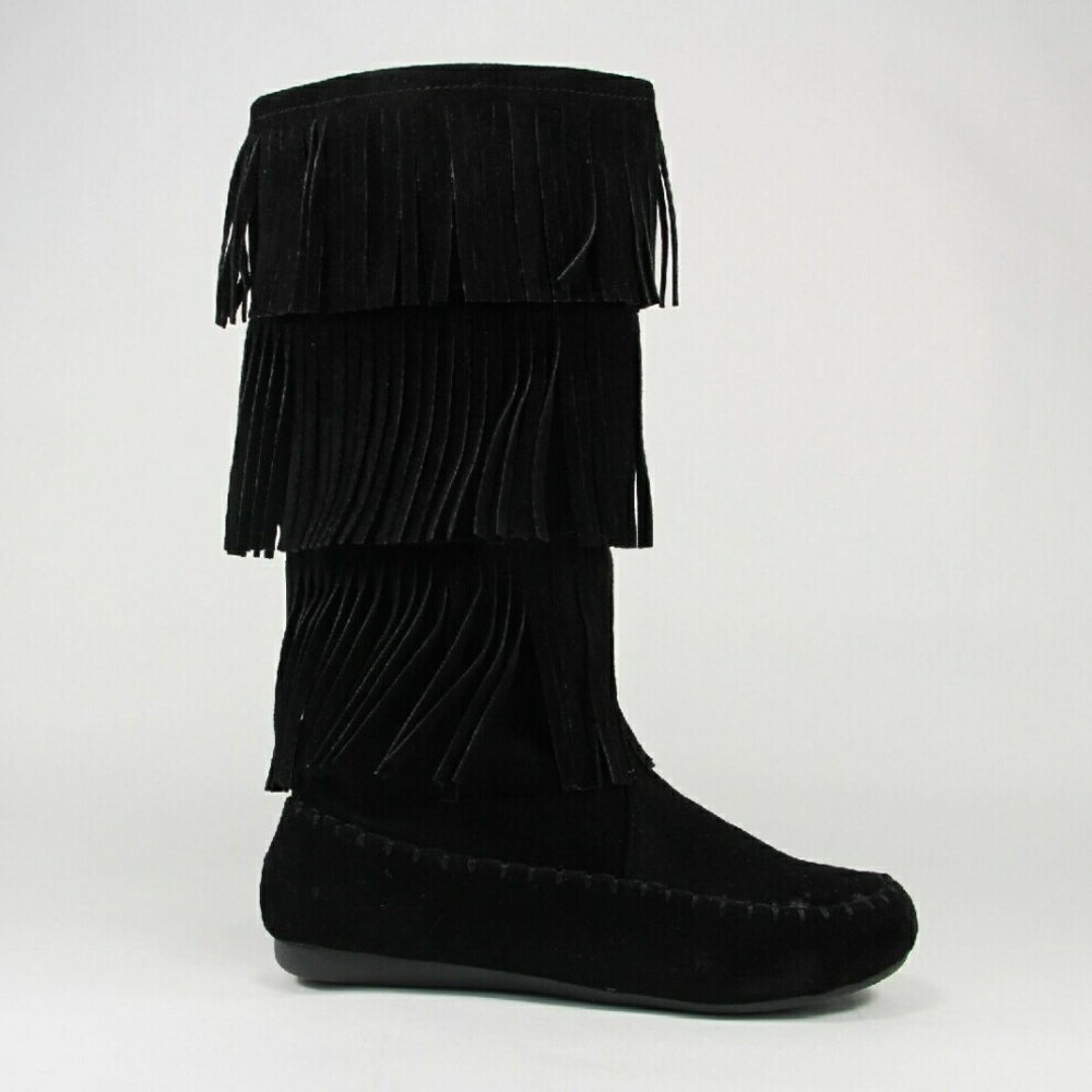 Women boots mid calf 3 layers moccasin fringes design Black - Picture 3 of 3
